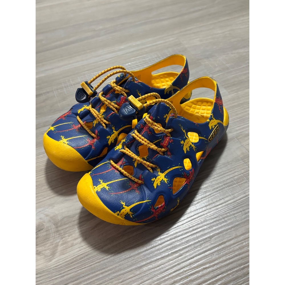KEEN Rio Kids Water Sandals Blue Yellow Lizard Print Bungee Lace Size 1‎ 1014534